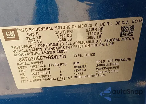2015 GMC Sierra 1500 Sle from USA, damaged, VIN 3GTU2UEC7FG242701